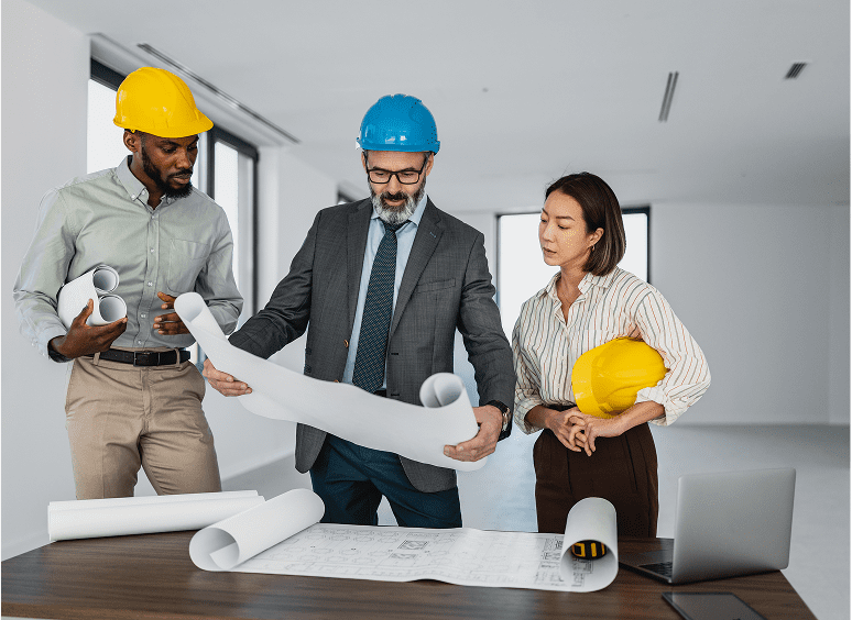 Construction meeting with blueprint